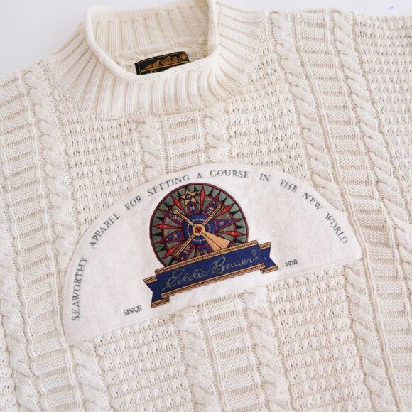 Vintage 90S Eddie Bauer Cream Cable Knit Nautical Mock Neck Sweater Medium - Picture 6 of 10